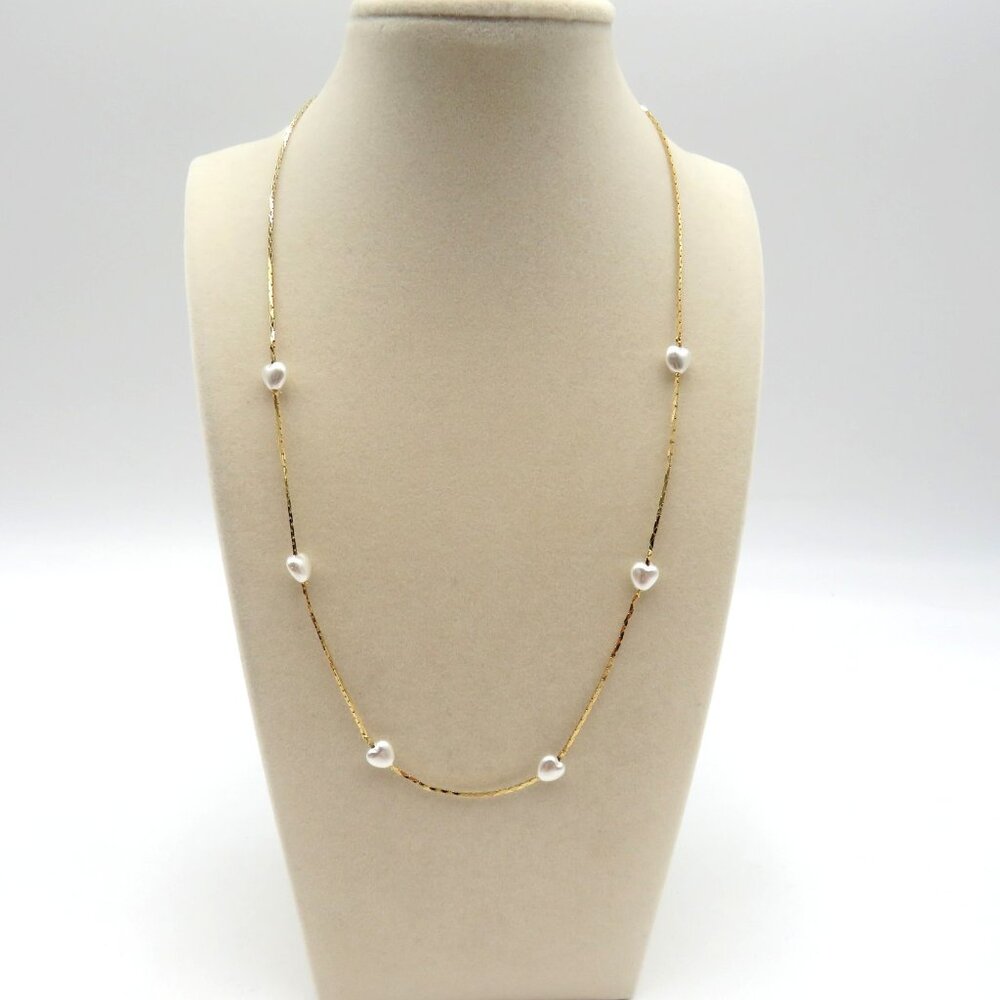 Vintage Gold Tone Heart Faux Pearl Station Necklace Flat Link Chain Korea 18 In